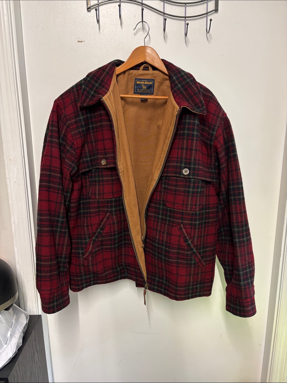 Woolrich Red and Black Plaid Men's Wool Pea Coat with Tan Lining